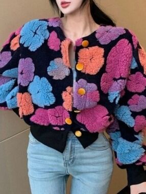 Floral Jacket Bomber Puff Sleeve Coat 3D Flowers Runway Fashion Pink Black Large